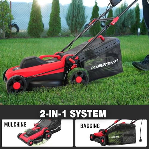 Image of PowerSmart Corded Electric Lawn Mower, 14 Inch, 12.5 Amp, Ergonomic Handle | Large Capacity Grass Catcher, Reliable Motor, 6-Position Height Adjustment, 2-in-1 Mulch & Bag