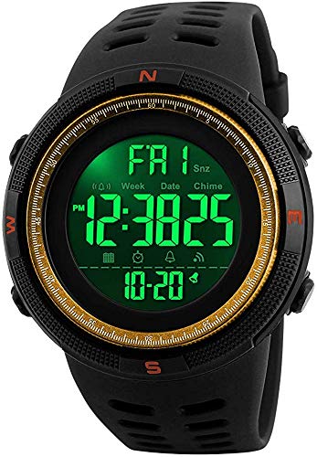 Men's Digital Plastic Sports Watch Waterproof Military Stopwatch Countdown Watches for Men (Gold)