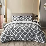 XeGe 3 Pieces Plaid Print Furry Faux Fur Duvet Cover Set Gray Queen Size Long Plush Bedding Set (1...