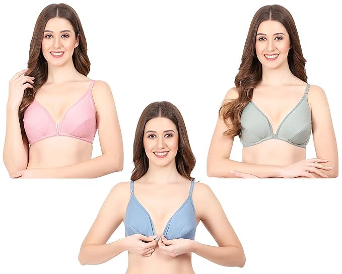 Women's Front Open Bra for Women, Girls, and Ladies Pack of 3 Pieces Cotton Fabric Black Pink Maroon Color Non-Padded Bra Full Coverage Front Closser-picture-21