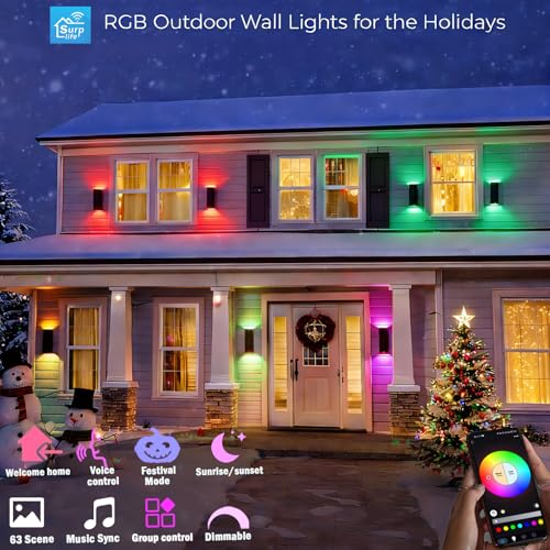 Image of rosykite Smart Outdoor Wall Lights, RGB Color Changing Up Down Sconce 13 inch | Daily Lighting, Dimmable, Tunable White, Aluminum Exterior Lights for Porch , 4 Replace RGB+CCT Bulb, 1300LM, APP Alex Remote