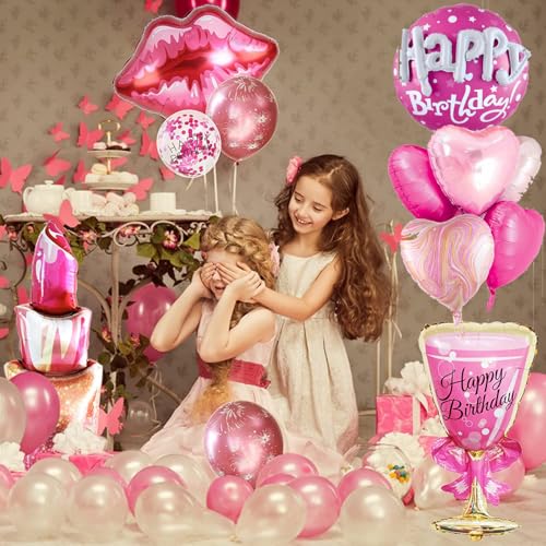 Image of Pink Happy Birthday Balloons And Gold Happy Birthday Mylar Balloons Set