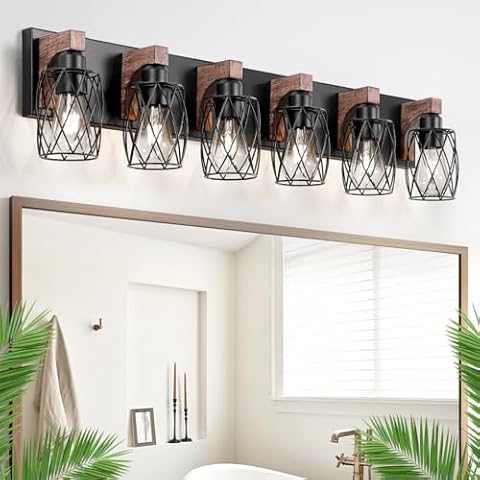 DIKAIDA Farmhouse Vanity Light for Bathroom, 6-Light Bathroom Light Fixtures Over Mirror, Rustic Black Wall Sconces with Cage Metal Shade for for Bathroom Bedroom, Hallway Cover