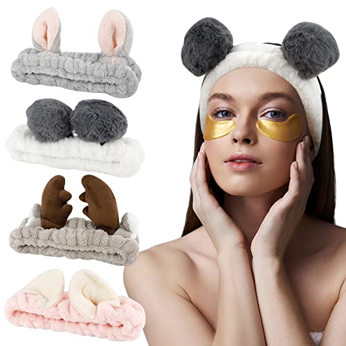 AHONEY Animals Ears Headbands Cute Makeup Spa Fuzzy Skincare Headband for Washing Face Headband for Women Girls Coral Fleece Elastic Hair Band Cosplay Makeup Party 4Pcs