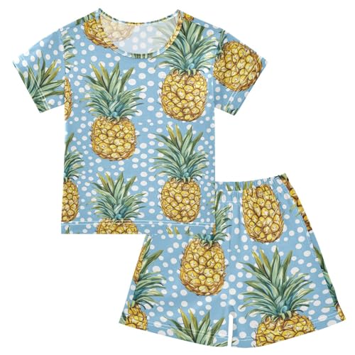 ALAZA Pineapples Polka Dots Pajama Set Short Sleeve Sleepwear Soft Lounge Nightwear