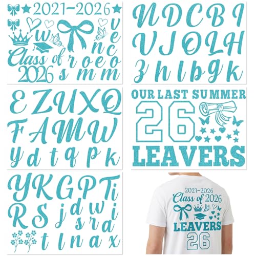 School Leavers Shirt Decorations 5 Sheets 2026 Leavers Iron on Transfers for T Shirts Personalised Name Leavers Shirt Transfer Glitter DIY Leavers Shirts Decoration for Clothing Backpacks (Blue)