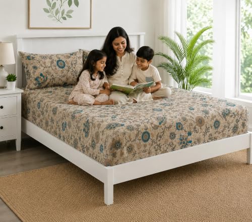 Image of Trance Home Linen 144TC 100% Cotton 75 inchx48 inch Twin Bed Size Elastic Fitted Bedsheet | Printed Twin Size Bed Elasticated Fitted Bedspread with 2 Pillow Covers (75x48 inch, Kalamkari Teal)