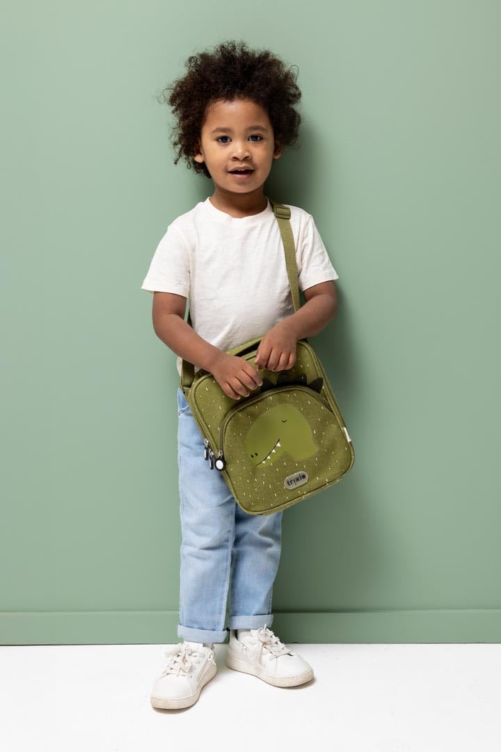 Trixie Sac à pain isotherme avec bandoulière, poche avant avec fermeture éclair, étiquette nominative, pour enfants à l'école, à la maternelle et à la crèche (Mr Dino)