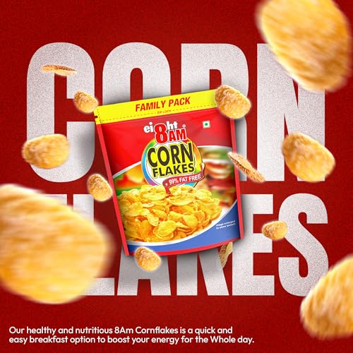 Image of 8AM Corn Flakes Family Pack 1kg, 92% Corn, 99% Fat Free, No Cholesterol, Trans Fat, Vitamin B3 & Iron, Crunchy & Nutritious Whole Grain Breakfast Cereal