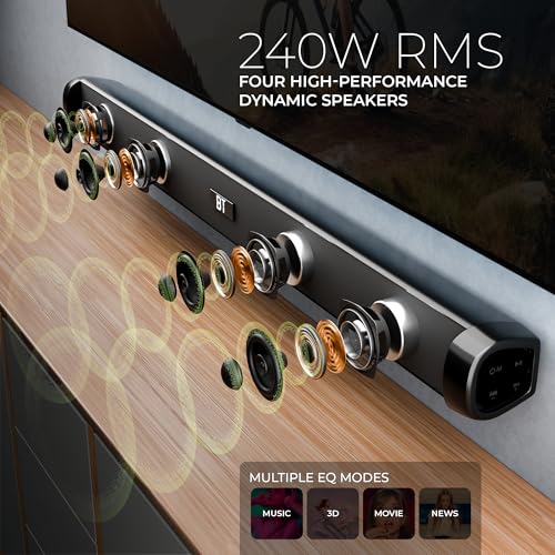 Image of Kratos 240W Sound bar with 4 in-built Speaker & 6.5 inch Subwoofer, Perfect for Home Theatre & TV, 4.1 CH Wired Subwoofer, BT 5.3, HDMI ARC, AUX,USB, 7 Level Bass /Treble Control, 4EQ, Remote & LED Display