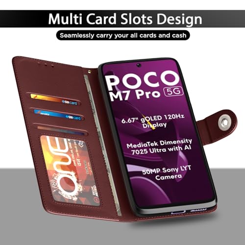 Image of Pikkme Flip Cover Leather Finish | Inside TPU with Card Pockets | Wallet Stand and Shock Proof | Complete Protection Button Flip Case for Poco M7 Pro 5G(Brown)