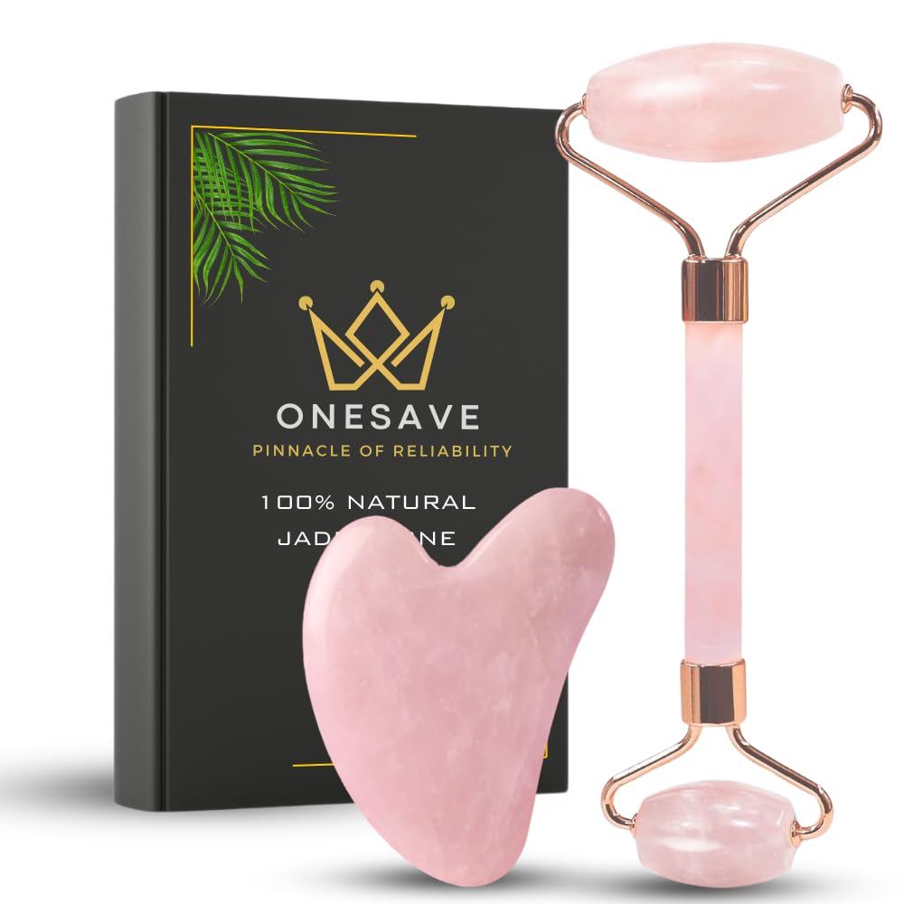 ONESAVEGua Sha & Jade Roller,Gua Sha Stone, Rose Quartz Roller with Guasha, Face Roller for Women, Massage Tool for Face, Neck and Body Muscle Relaxing, Pink face Massager self Care Gifts for Women