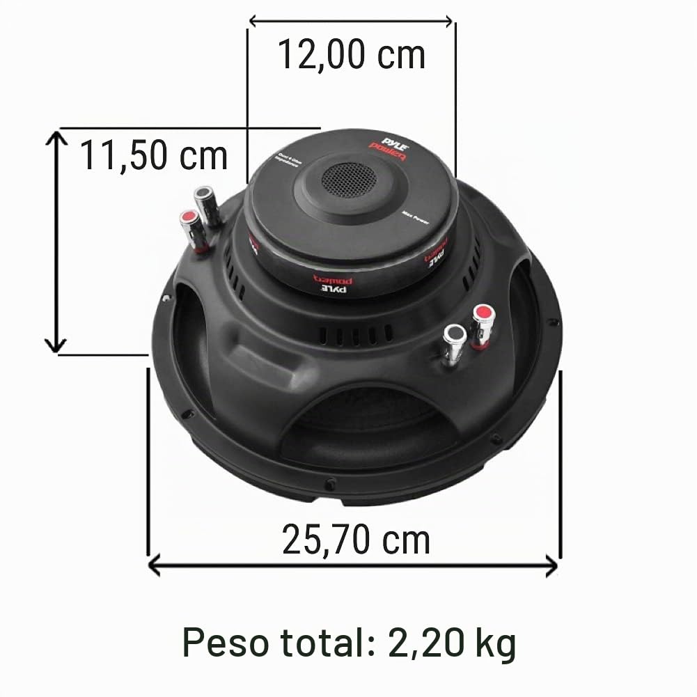 Pyle 1 SUBWOOFER PLPW10D PLPW 10D 25,00 cm 250 mm 10" 500 vatios rms 1000 vatios máx Doble Bobina 4+4 ohmios dvc Dual Voice Coil para Tapa Maletero Coche, 1 Pieza