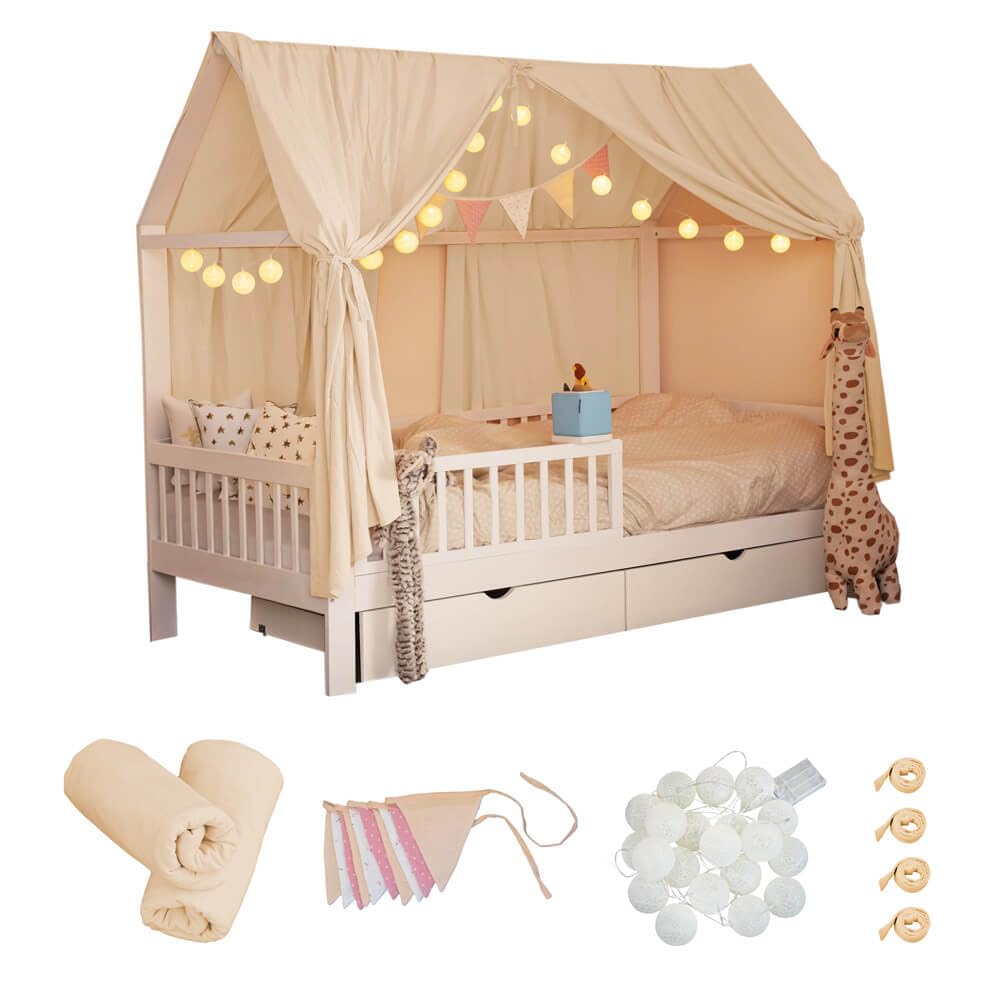 Home Deluxe - Kinderbett Deko Set VELINDO - Farbe: Creme, inkl. Wimpelkette, Vorhang und LED Lichterkette I Kinderbett Deko, Kinderzimmer Dekoration