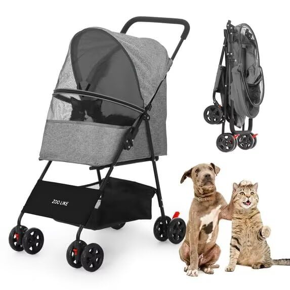 Zoolike Pet Stroller for Cats and Dogs, 4-Wheeled Foldable Travel Carrier with Storage Basket, Pink