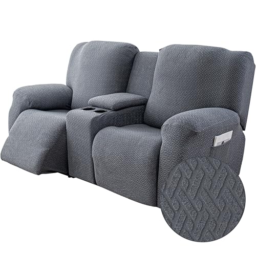 Image of Genina Recliner Loveseat Covers with Console, Stretch Reclining Sofa Covers, 2 Seater Couch Cushion Stripe Jacquard Recliner Slipcovers - Furniture Protector Covers for Pet Kid (Dark Gray)