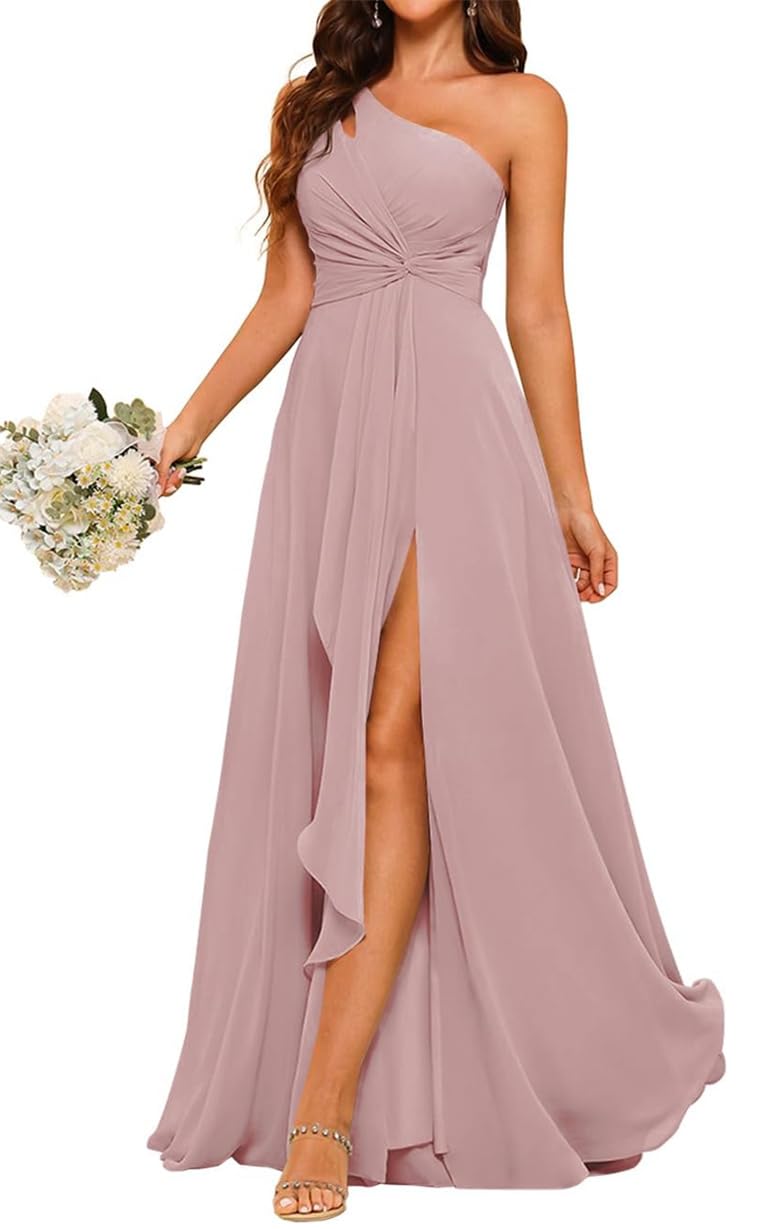AHERKLL Ruffles Satin Bridesmaid Dresses One Shoulder Party Prom Evening Gowns with Slit Maid of Honor Gown AH116 Dusty Pink UK20