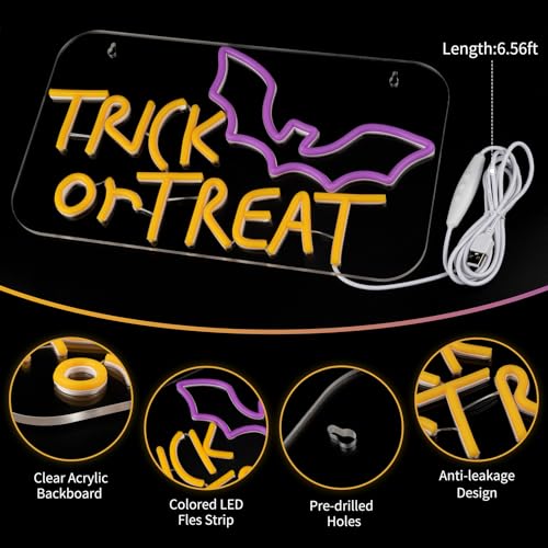 Image of MissAudrey Trick or Treat Neon Sign for Wall Window Decor, 15 * 8.7in Halloween Party Hanging Bat Neon Sign,USB Powered Dimmable Halloween Sign Decorations for Home Bar Salon Coffee Stores Porch