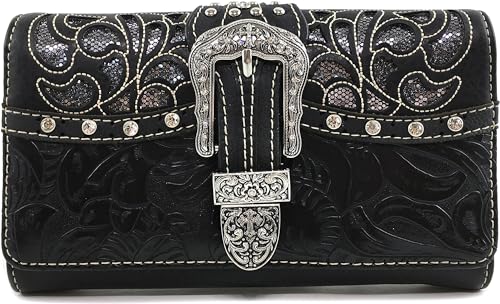 Justin West Laser Cut Rhinestone Silver Buckle Studded Cross Shape Design Wristlet Trifold Wallet Attachable Long Strap (Black Silver)