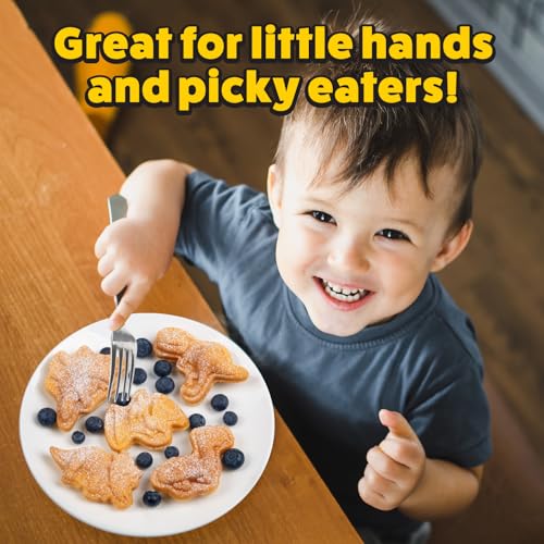 Dinosaur Mini Waffle Maker- 5 Different Double Sided 3D Shaped Dinos in Minutes- Kids Adults Breakfast Fun with Cool Novelty Pancakes, Electric Baker, NonStick Waffler Iron, Easter Basket Stuffer Gift