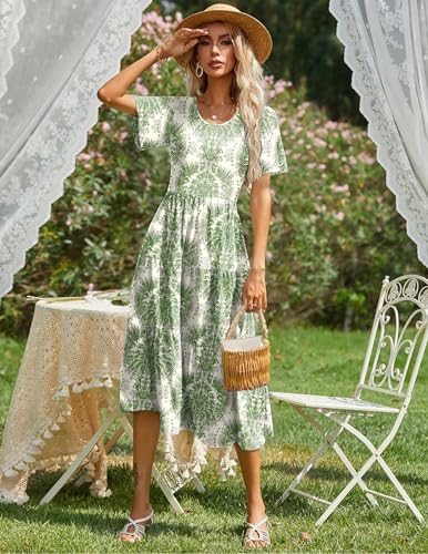 Image of Zeagoo Women 2025 Summer Dresses Flutter Short Sleeve Casual Dress Loose Swing Tiered Midi Dress with Pockets
