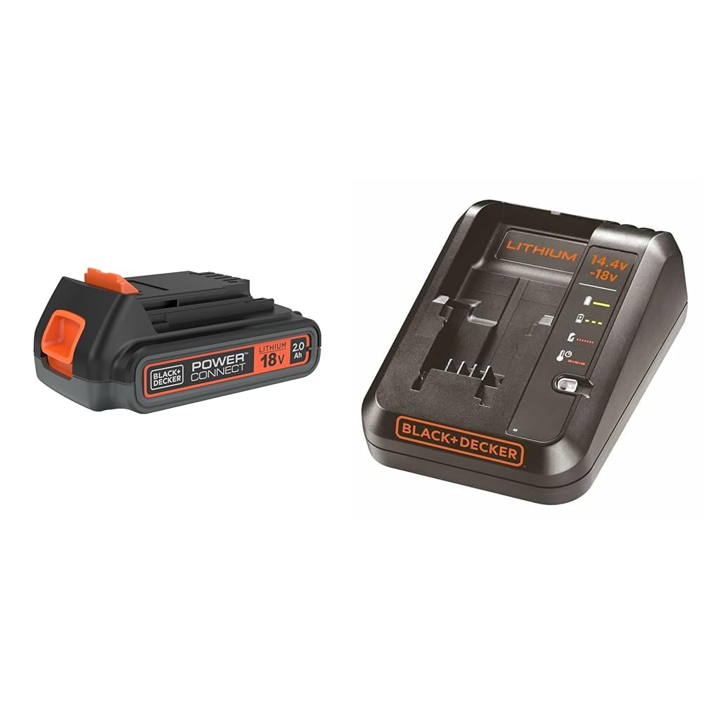 BLACK+DECKER Batterie 18 V Li-ION 2,0 Ah pour Les Travaux de Bricolage & BDC1A-QW Chargeur Rapide 1 Ah-pour Batteries 14.4 V - 18 V, Orange sans Batterie