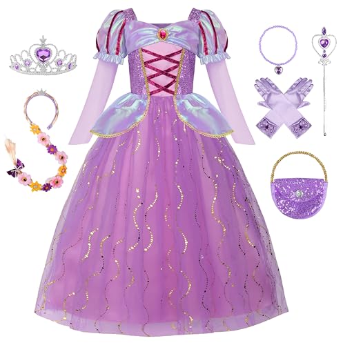 ReliBeauty Disfraz Princesa Niña Vestido Lila con Accesorios, Peluca y Bolso Cosplay Fiesta Cumpleaños Carnaval, 110