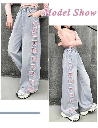 SEAUR Girl's Hip-Hop Ripped Jeans Casual Retro Elastic High Waist Denim Pants Wide Leg Jeans with Pockets 5-14 Years4