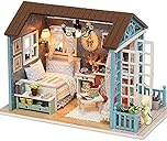 DIY Miniature House Kits with Furniture and LED Lights, CUTEROOM 3D Wooden Dolls House Kits to Build for Adults Birthday (Blue Time)