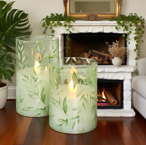 Image of Green Flameless Candles with Remote Control - Willow Leaf Design Battery Operated Candles - Elegant Home Christmas Spring Summer Decor Set of 3