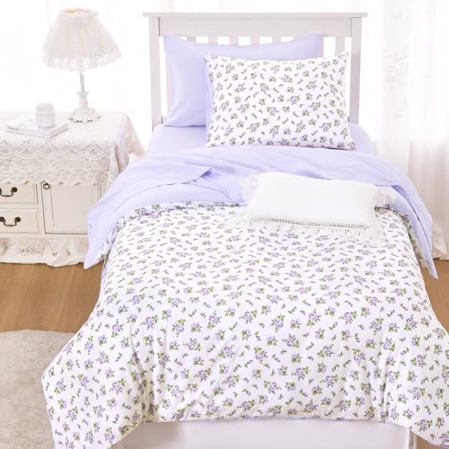 Image of Wake In Cloud - Floral Comforter Set, Coquette Cottagecore Aesthetic Flower Shabby Chic Pattern for Women Teen Girls, Soft Lightweight Bedding, 3 Pieces, White Purple, Twin /Twin XL Size
