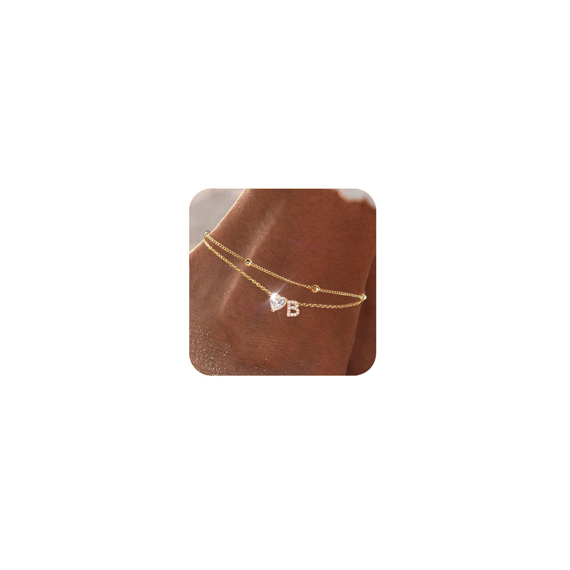 Ankle Bracelets for Women Waterproof 14K Gold Plated CZ Initial Anklet for Women Dainty Layered Letter Heart Ankle Bracelets Handmade Adjustable Foot Chain Anklet Summer Beach Jewelry