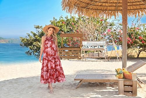 Image of GRACE KARIN 2026 Women's Floral Halter Maxi Dress Boho Summer Beach Sundress with Tiered Ruffle Skirt