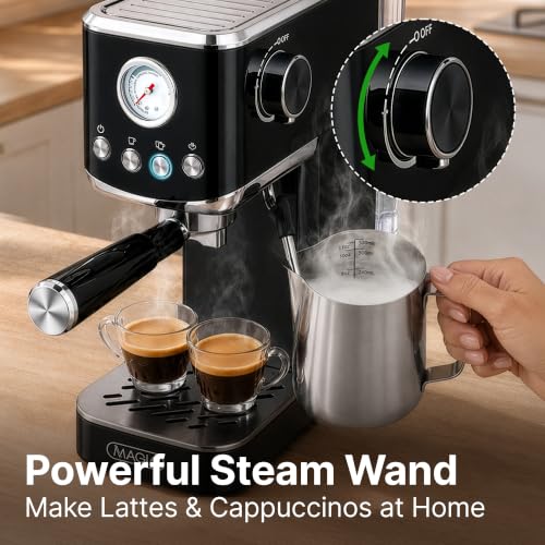 Image of Zulay Kitchen Magia Compact Espresso Machine - 20 Bar Coffee Maker with Milk Frother Steam Wand, Latte & Cappuccino Maker, 1350W Fast Heating, 40oz Removable Water Tank, Stainless Steel - Black