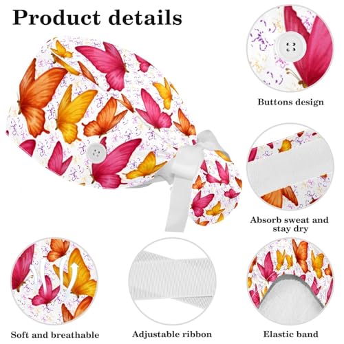 Image of Colored Butterflies Scrub Caps Women, Adjustable Working Cap with Button, Surgical Caps with Bow Hair Scrunchy