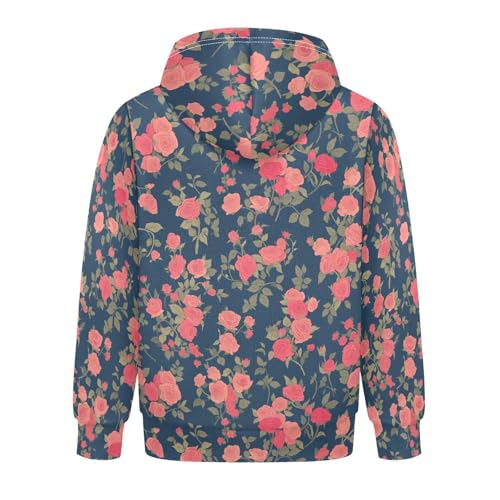 KLL Seamless Pattern Red Roses Unisex Girls Boys Sweatshirts Sweater Casual Hooded Pullover Hoodies with Kangaroo Pocket2