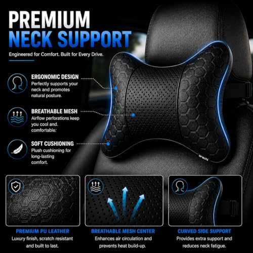 Image of Adroitz Car Neck Rest Pillow Set of 2 - Ergonomic Breathable Seat Headrest Cushion for Driving - Universal Fit Interior Accessory for Neck Support & Head Rest - Premium Car Pillow for Seat Comfort