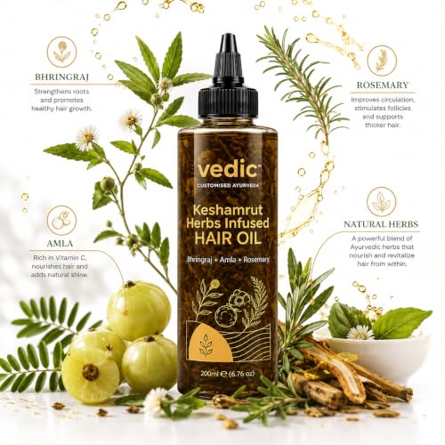Image of Vedic Keshamrut Herbal Hair Oil with Bhringraj, Amla & Rosemary | Scalp & Hair Nourishing Oil for Regular Oiling & Conditioning | Men & Women | 200 ml
