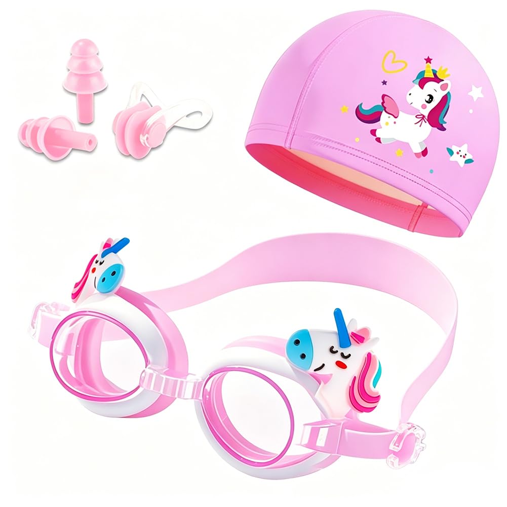 4 Pcs Unicorn Kids Swimming Cap, Stretchable Swim Cap Adjustable Goggles Nose Clip & Earplugs, Swimming Sets for Children Teens (Unicorn)