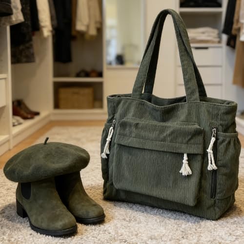 Bolso Tote grande de pana verde para mujer miniatura 5