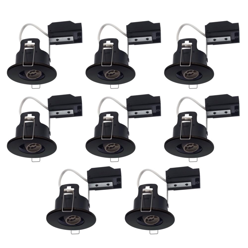 Britalia 8 Pack - Matt Black IP20 Fire Rated Twist Lock GU10 Recessed Downlight | Air Flow Open Back | 68mm Cut Out | 240V Class 2 Double Insulated | Push Fit Terminals