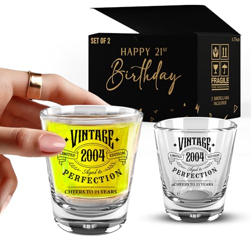 Vintage 2004, 21st Birthday Shot Glasses Set of 2, 1.75 oz Each, Black, Happy 21st Birthday...
