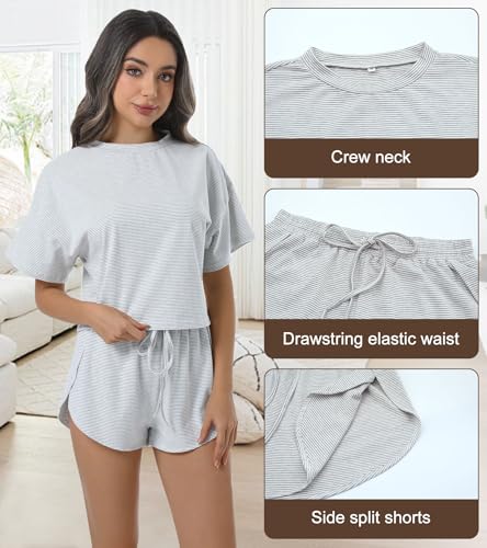 Allmloers Womens Split Short Pajama Set Striped Short Sleeve Crewneck Tee and Side Slit Sleepwear Set 2 Piece Cotton Pjs Set4