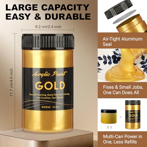 Image of 300ml Gold Metallic Acrylic Paint, Non Toxic Waterproof Gold Metallic Acrylic Paint for Fabric, Leather, Ceramic, Canvas, Rocks, Metal, Plastic, Glass