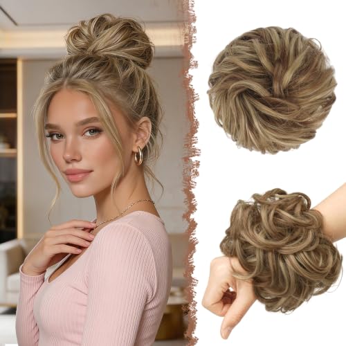 FESHFEN Moños Postizos, Natural Rizado Ondulado Postizo Moño Sintético Extensiones de Cabello Pelo Desordenado Coleta Postiza para Mujer 55g, Marrón & Rubio