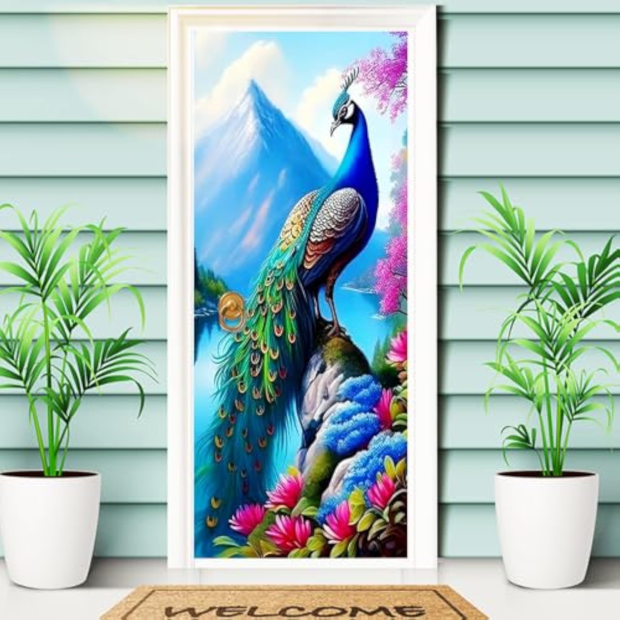Peacock Door Mural Sticker, Colourful Nature Scenery