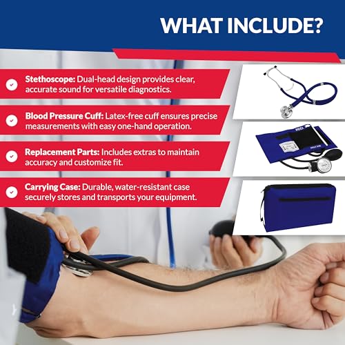 Image of Blood Pressure Monitor and Sprague Stethoscope Kit - 2-Pack, Adult Aneroid Sphygmomanometer with Dual-Head Stethoscope, Adjustable BP Cuff, Carrying Case & Accessories - Royal Blue