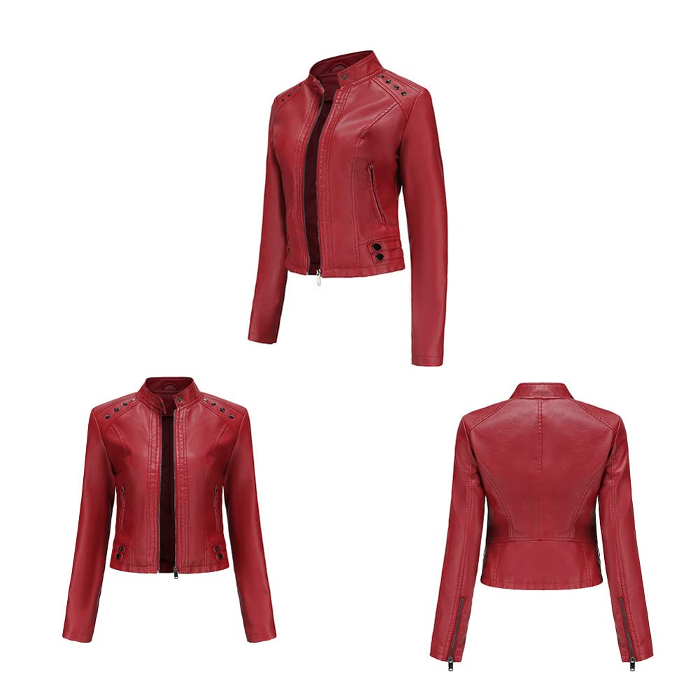 Giacca corta da donna in pelle PU manica lunga top donna sottile stand collare moda giacca. rosso-XXL
