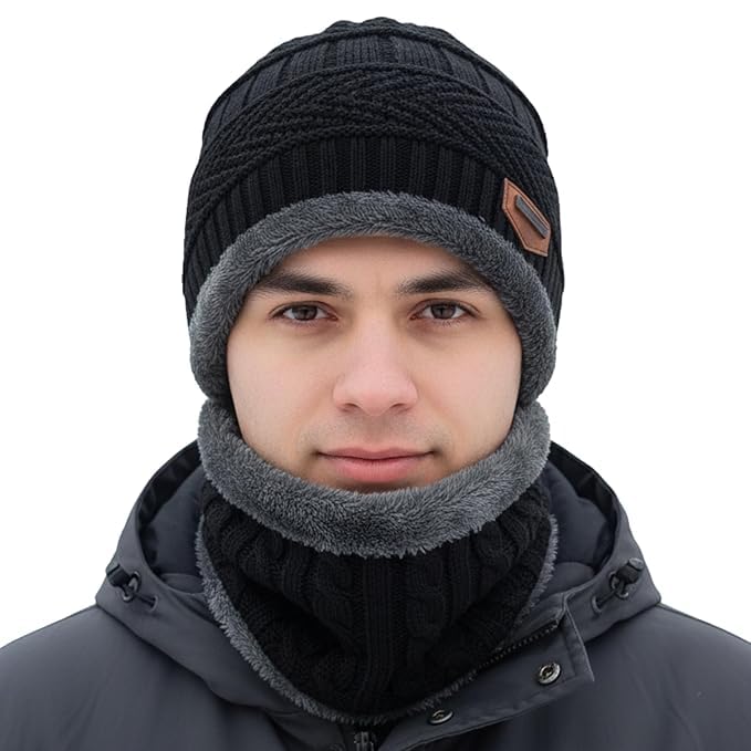 Winter Cap with Neck Scarf – Thermal Beanie with Neck Warmer for Men & Women Thick And Fluffy Woolen Cap for Cold Weather, Ski, Outdoor Activities