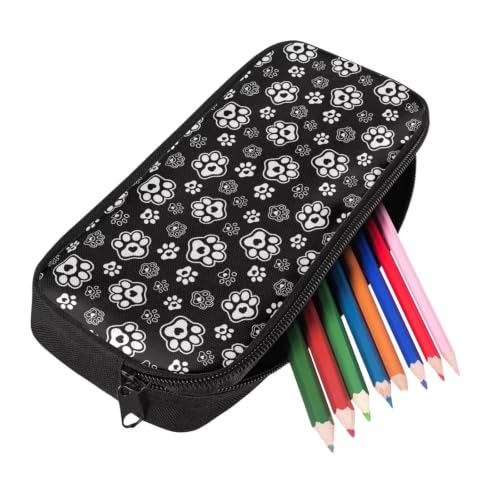 Image of Pencil Case, Pen Pouch Bag for Kids Students School Supplies | Black White Paw Print Print,polyester fabric,wear-resistant and easy to clean,zipper design gift for boys and girls